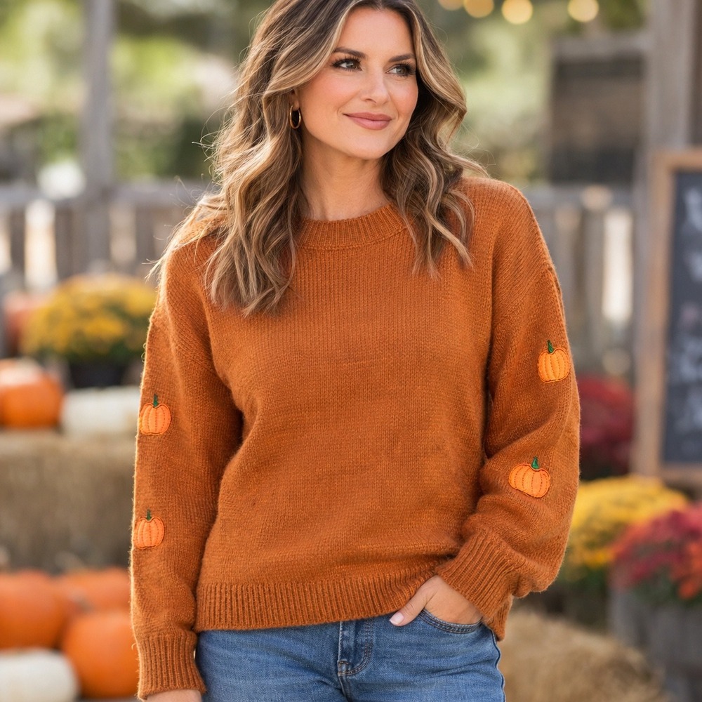 So Me Pumpkin Embroidered Knit Sweater Women M Orange Autumn Fall Thanksgiving